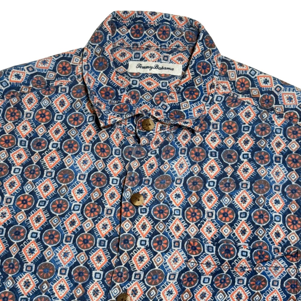 Tommy Bahama Button Up Mens M Silk Camp Shirt Blue Orange Geometric Mosaic Beach